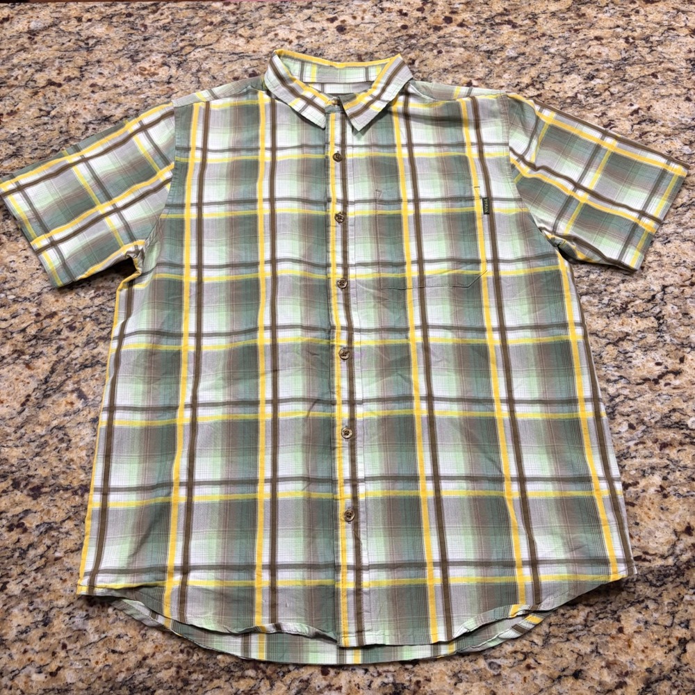 Prana Mens Green Yellow Plaid Short Sleeve Button Down Shirt Medium ws